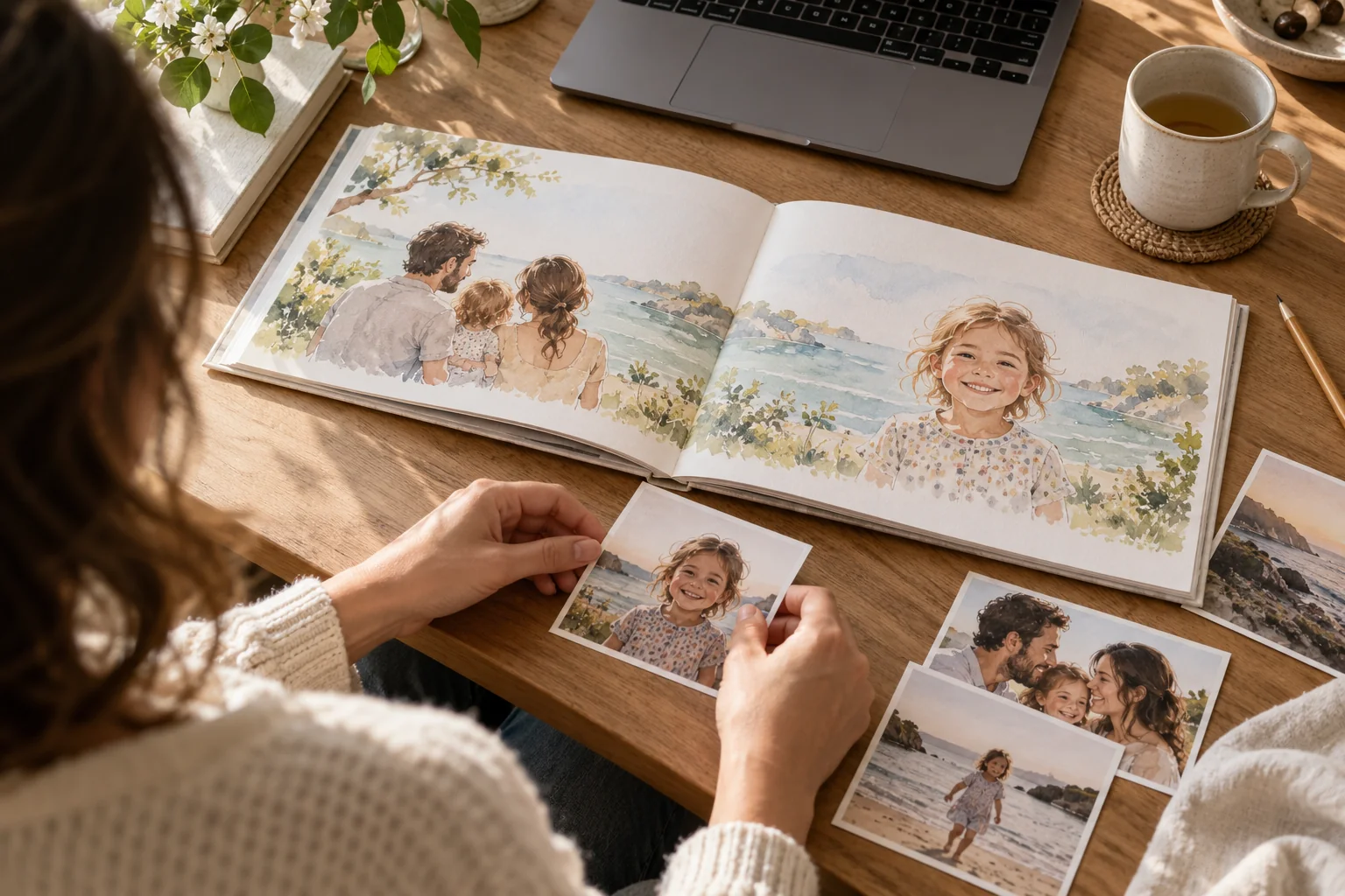Hands working on the personal details of an illustrated keepsake book