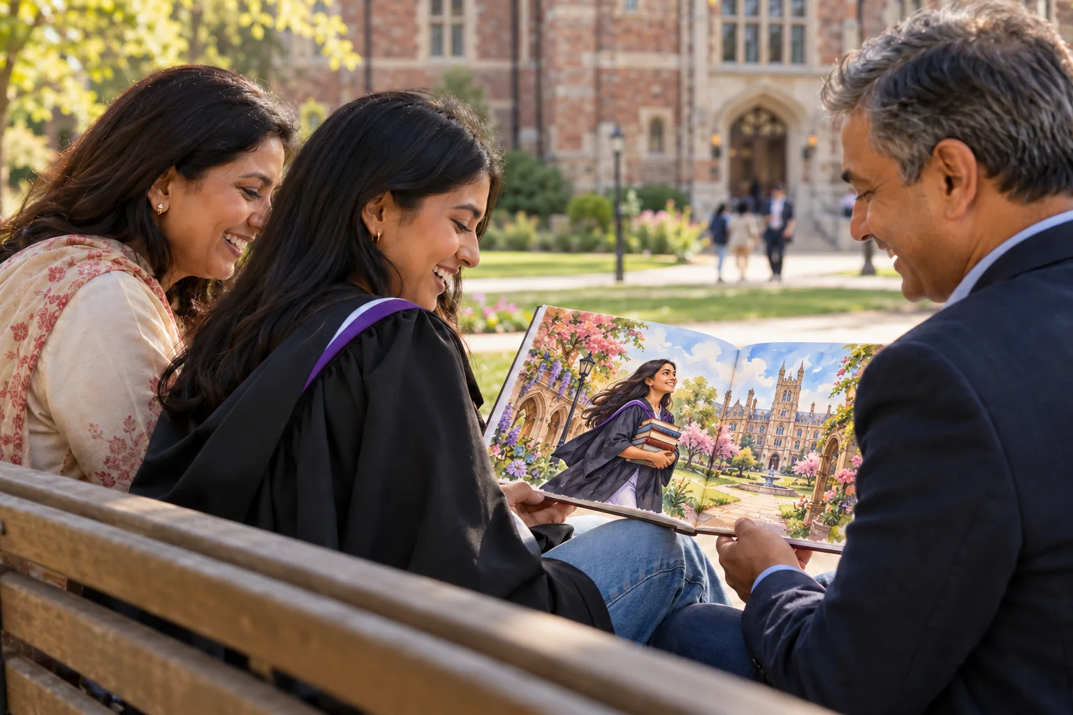 A family or couple sharing their graduation story