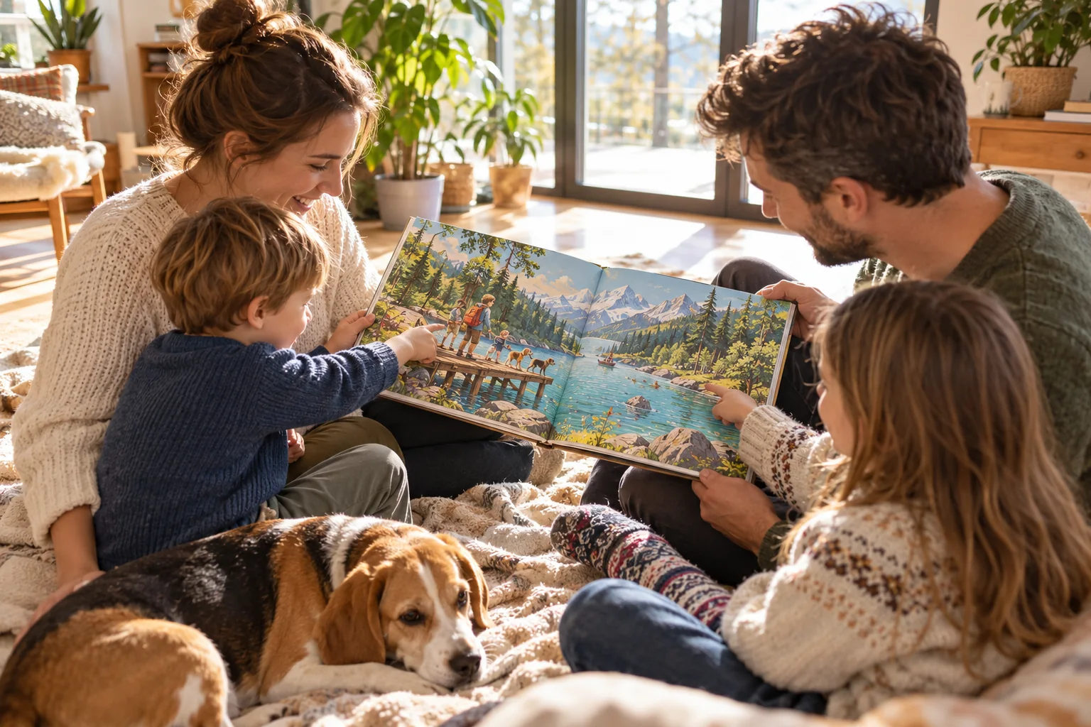 A family of four sharing an illustrated personalised book together