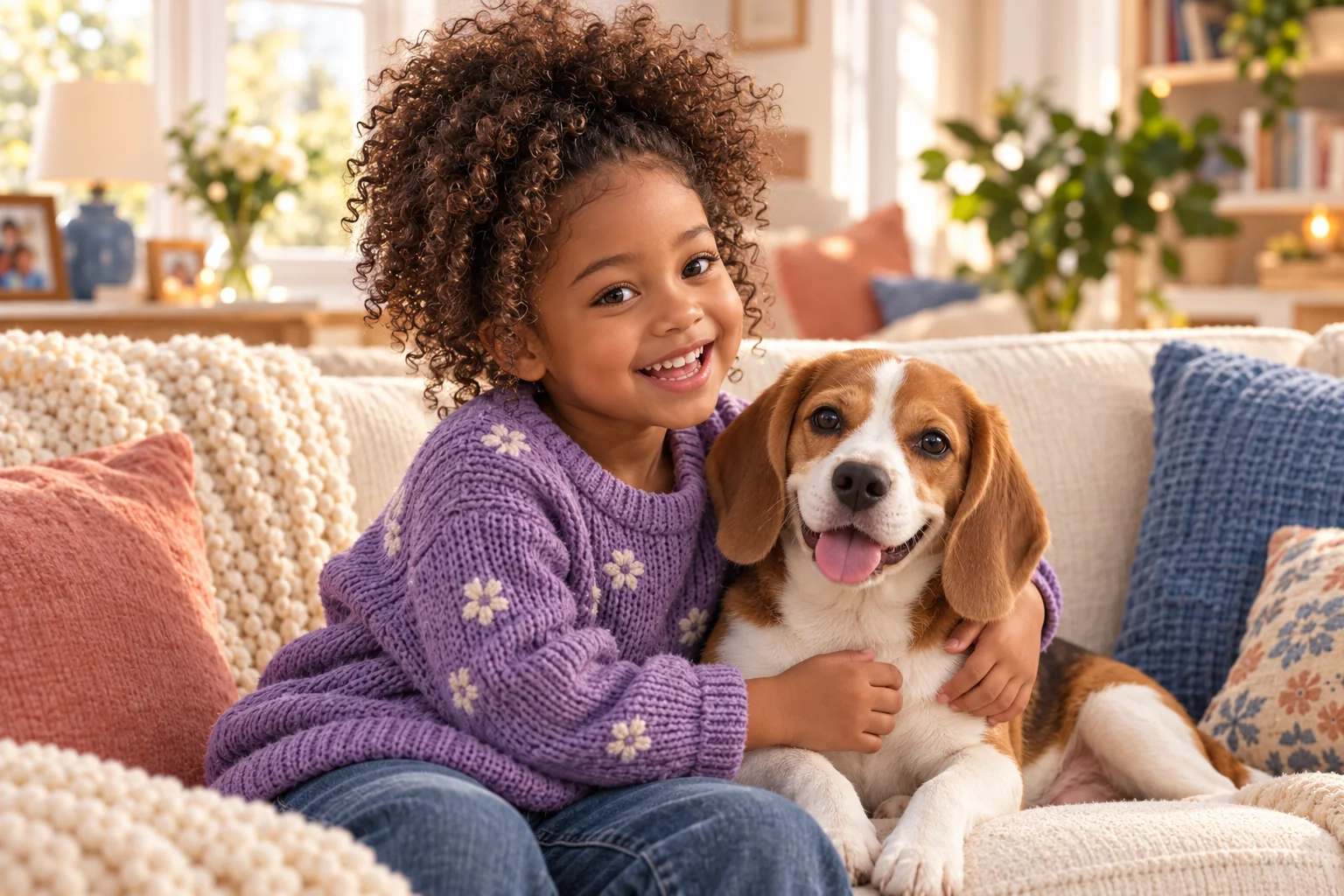 Photographic portrait of the same curly-haired girl Maya in a purple sweater, with her honey-and-white beagle Biscuit
